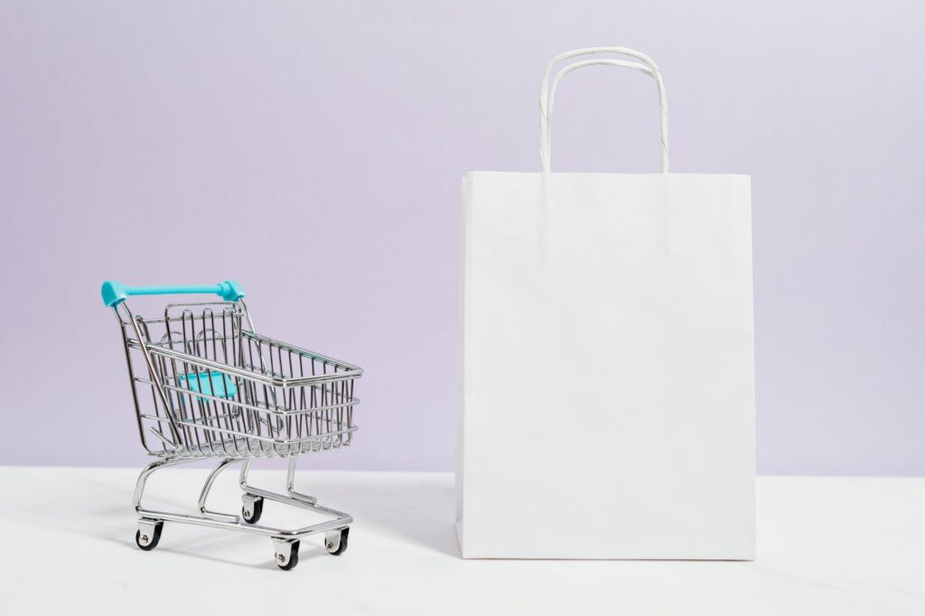 push cart and a white paperbag